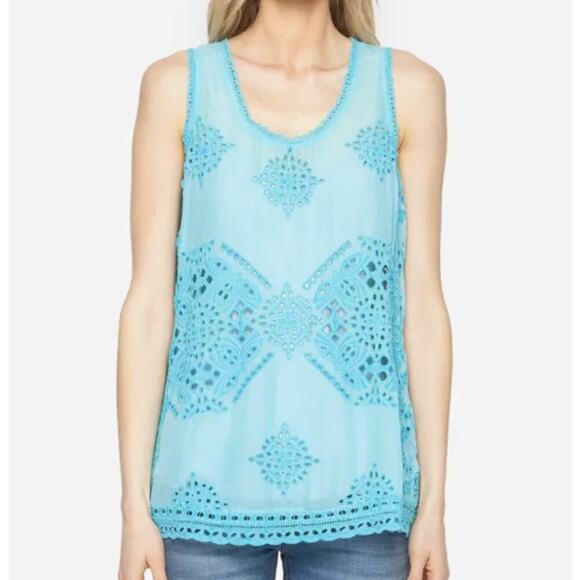 Johnny Was Blue Embroidered Eyelet Spear Tank Top - Picture 2 of 11